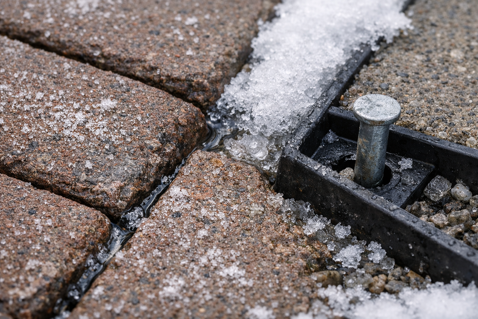 Brick pavers with snow in the joints. A metal stake secures a plastic edging.