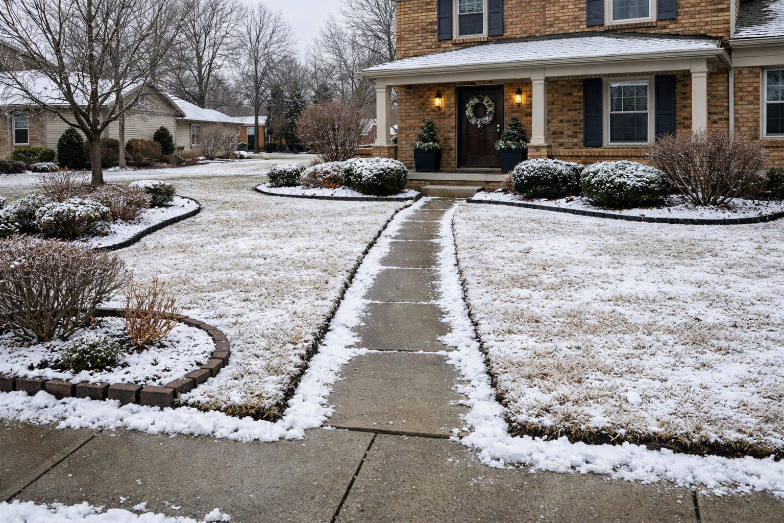 Snowy front yard of a two-story brick house with a walkway, bushes, and a front porch.