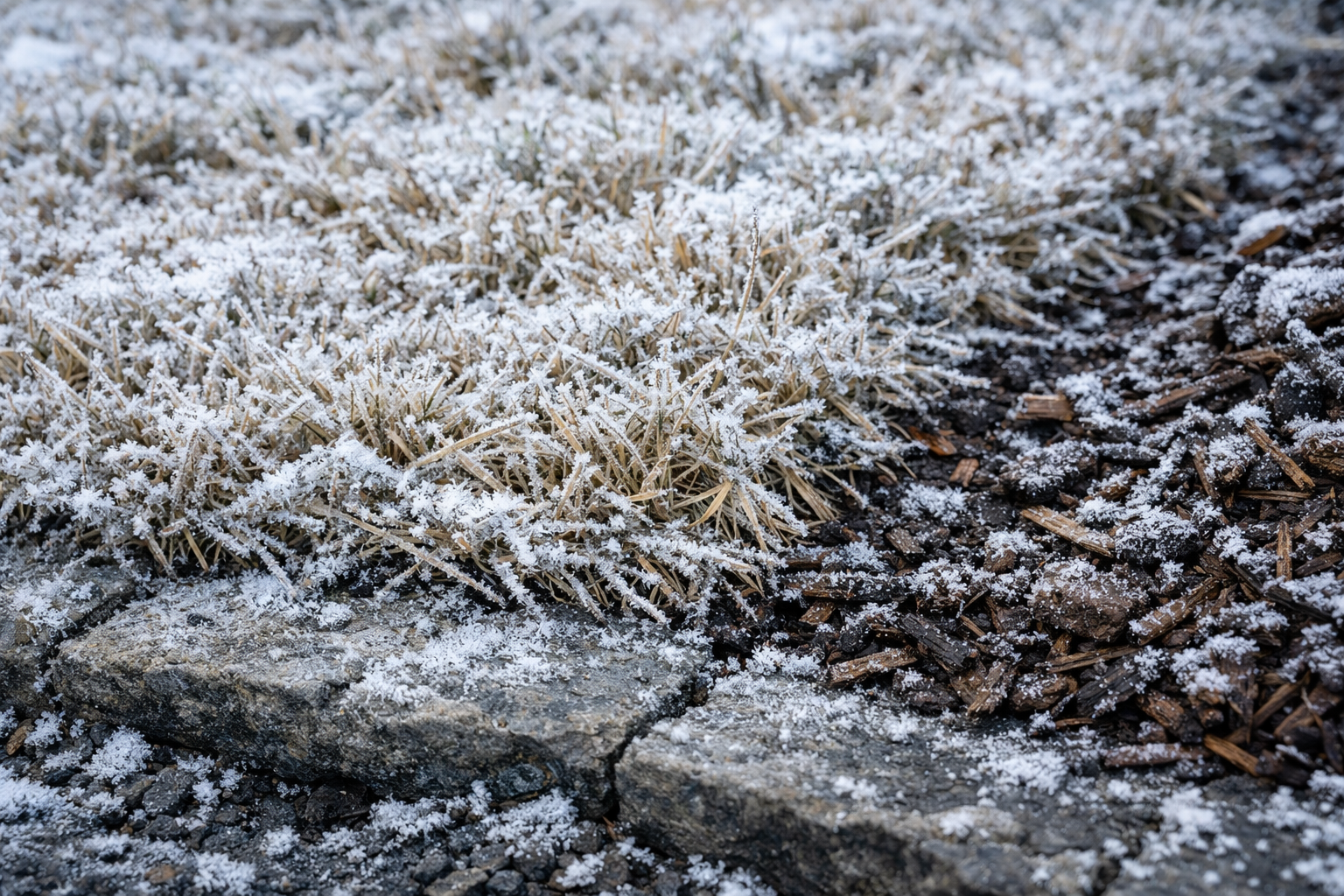 Frosty grass next to dark mulch, bordering a stone edge.