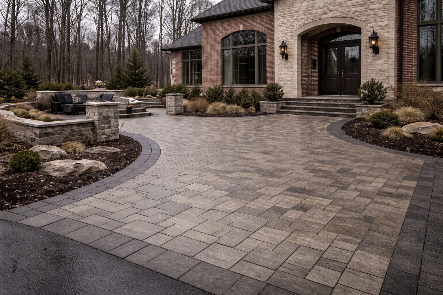 Stone paver driveway and walkway leading to a brick house with landscaped garden beds and a stone fountain
