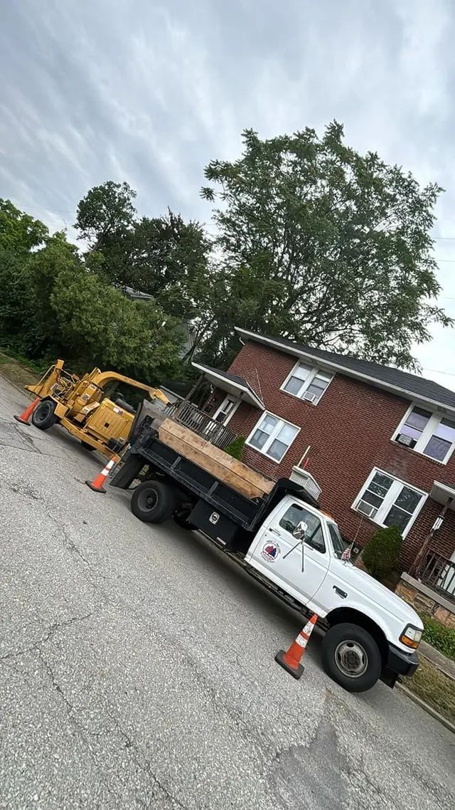 Two dump trucks are parked on the side of the road in front of a brick house.