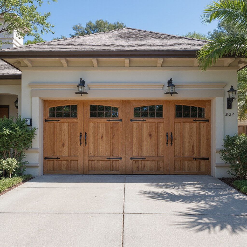 Wooden garage doors with black hardware, flanked by cream trim, set in concrete driveway.