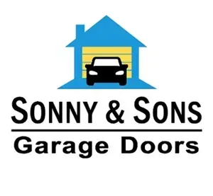 Logo, Blue house, car inside a garage. 