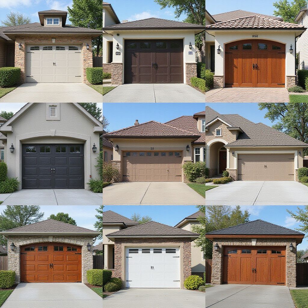 Nine different garage doors with varying styles and colors.