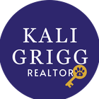 Kali Grigg Realtor logo. Navy blue circle with white text: "KALI GRIGG REALTOR" and a gold key with a paw print.