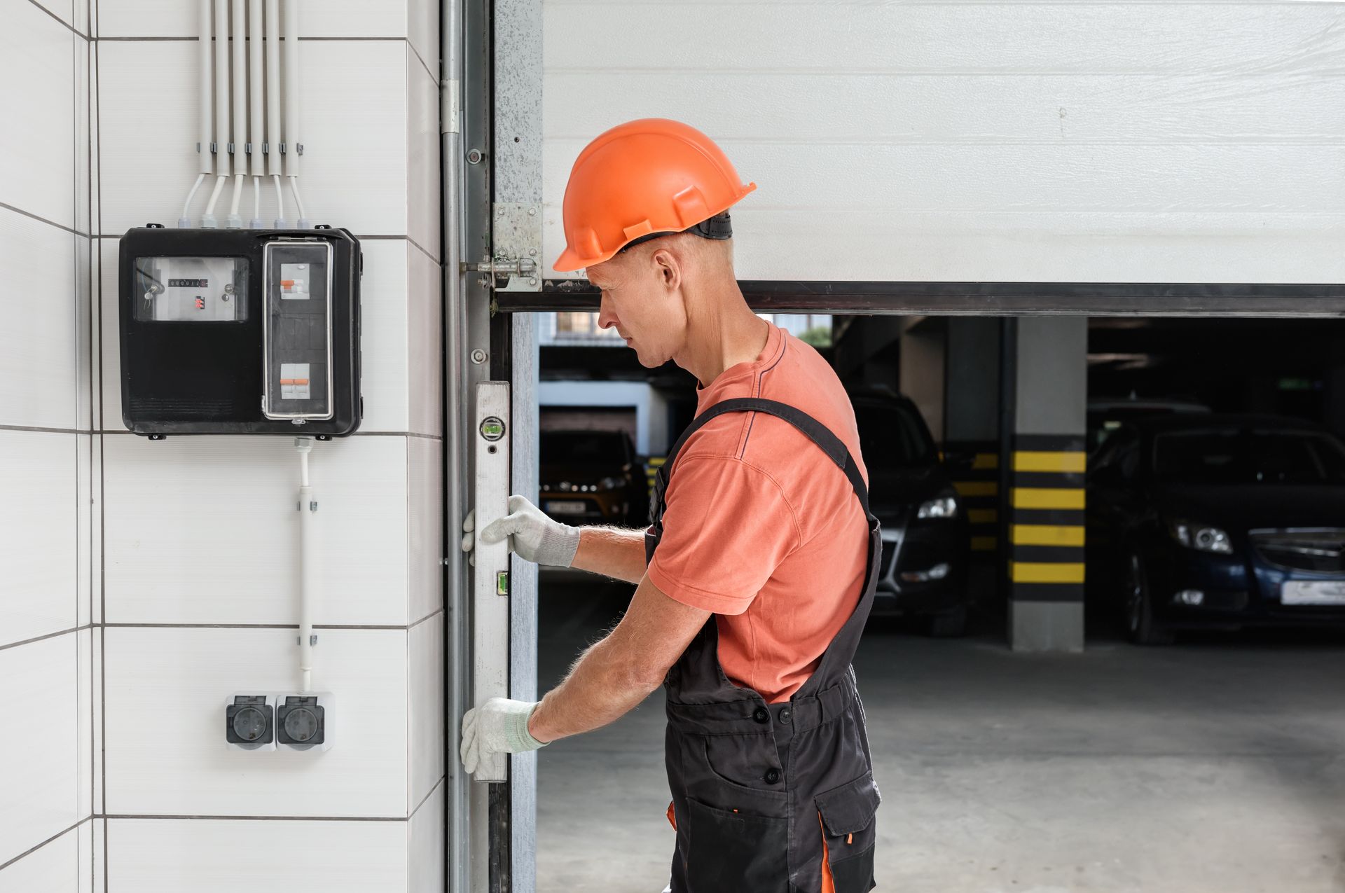 A worker in an orange hard hat and coveralls inspects a garage door, standing near an electrical panel.