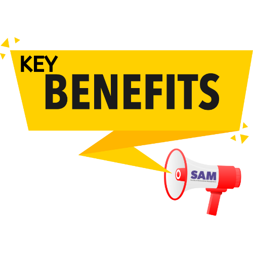 a yellow sign that says key benefits next to a red megaphone