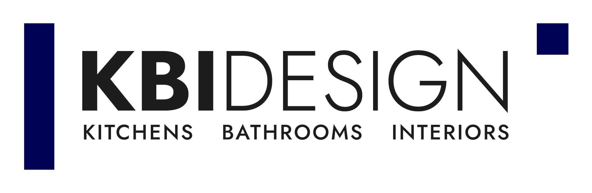 Logo for KBI Design, Kitchens, Bathrooms, Interiors. Features navy blue vertical bar and square.