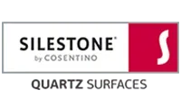 Silestone quartz surfaces logo. White text on gray rectangle. Red square with white "S" shape.