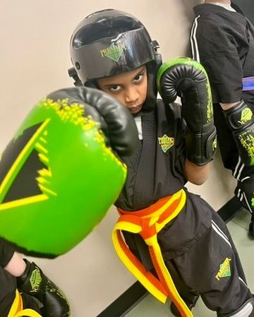 An aerial view of a city skyline at sunset.