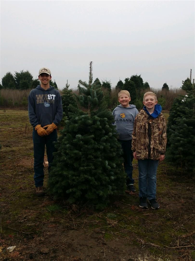 Three people are standing next to a christmas tree in a field. | J&H Automotive