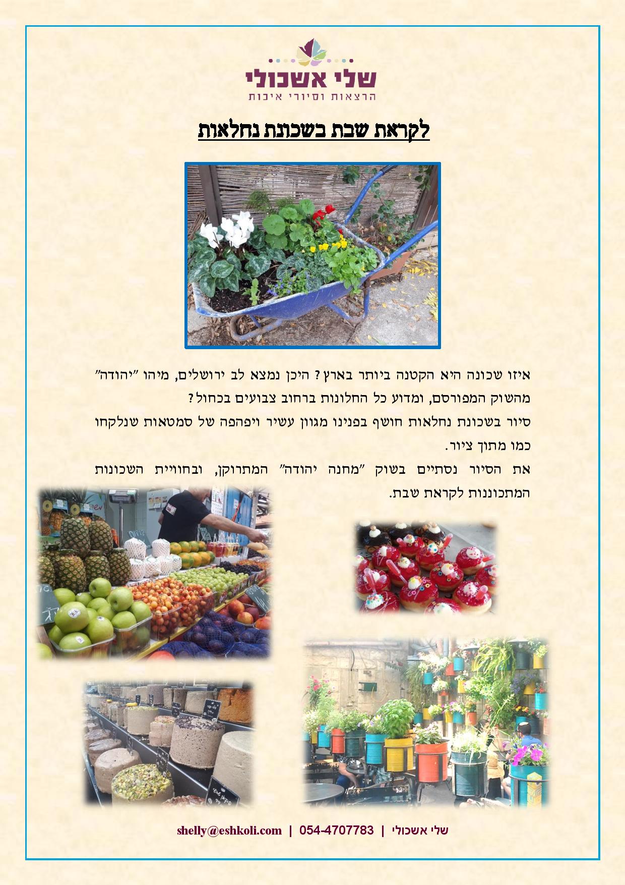 Advertisement poster with pictures of plants, fruit, and flower shop. Text in Hebrew.