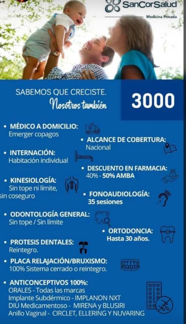 Anuncio de cobertura de salud de SanCor Salud, que presenta una familia y beneficios enumerados sobre un fondo azul.