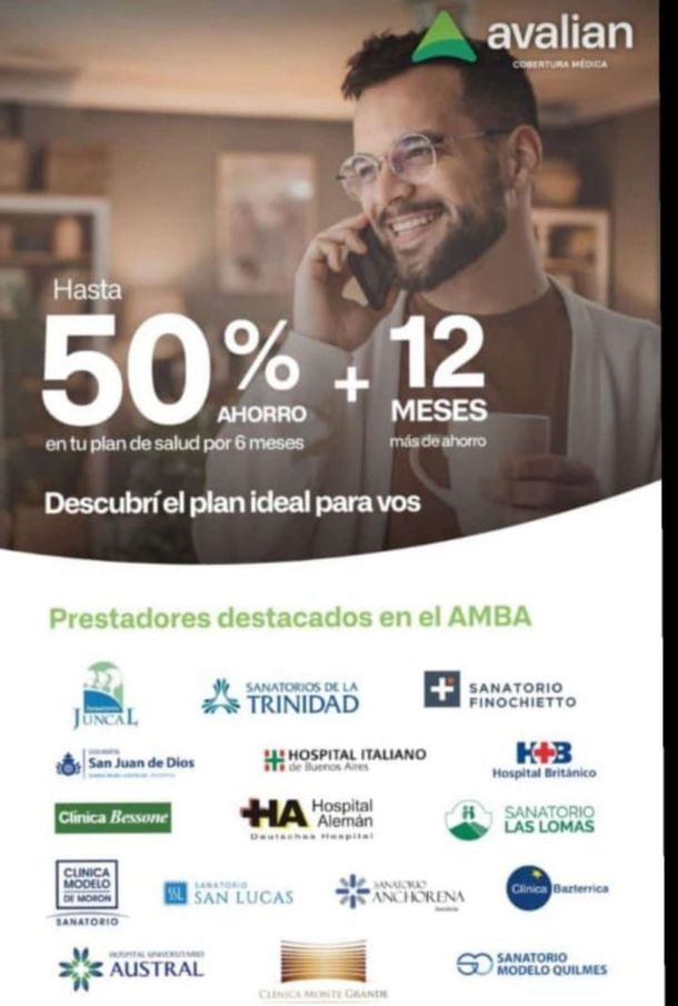 Anuncio que ofrece un 50% de descuento en un plan de salud 