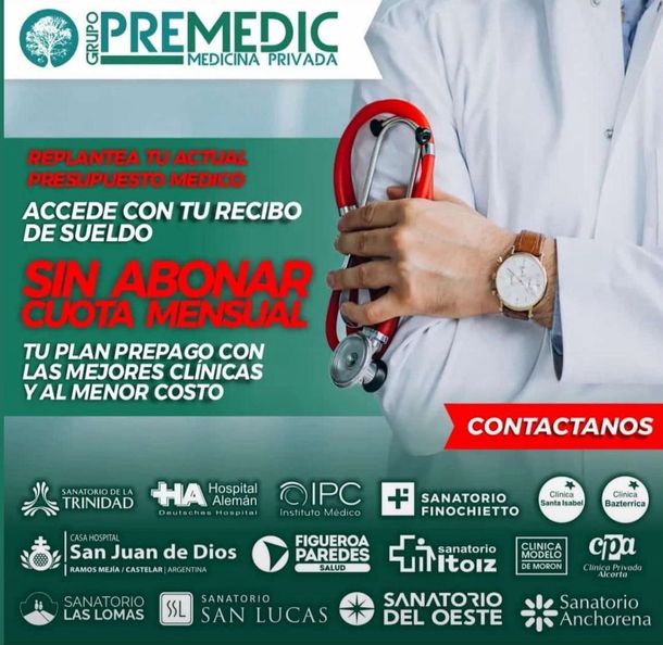 Anuncio de medicina privada premédica con texto, un médico sosteniendo un estetoscopio y logotipos de clínicas asociadas.