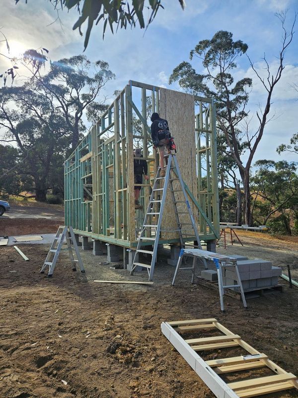 A man is standing on a ladder on top of a wooden structure.