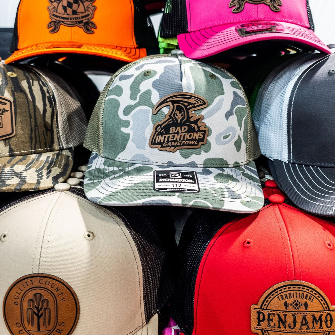 Laser Engraved Leather Patch Hats Big Pine Customs Inc Power Camo Black White Pink Orange