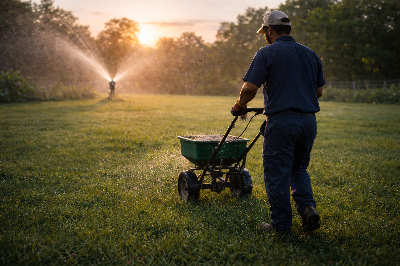 A person in work clothes pushes a green fertilizer spreader across a grassy field at sunset with a sprinkler nearby.