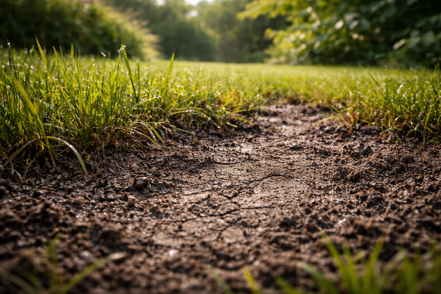 A low-angle view of a worn, dirt path cutting through a grassy field under soft, warm sunlight.