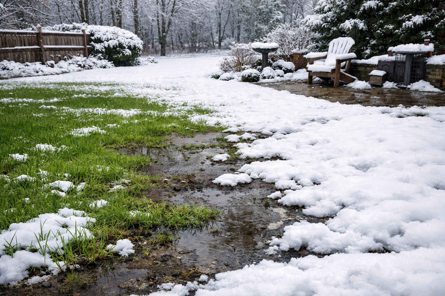 Snow-covered backyard with a muddy, partially green path and picnic tables in the background