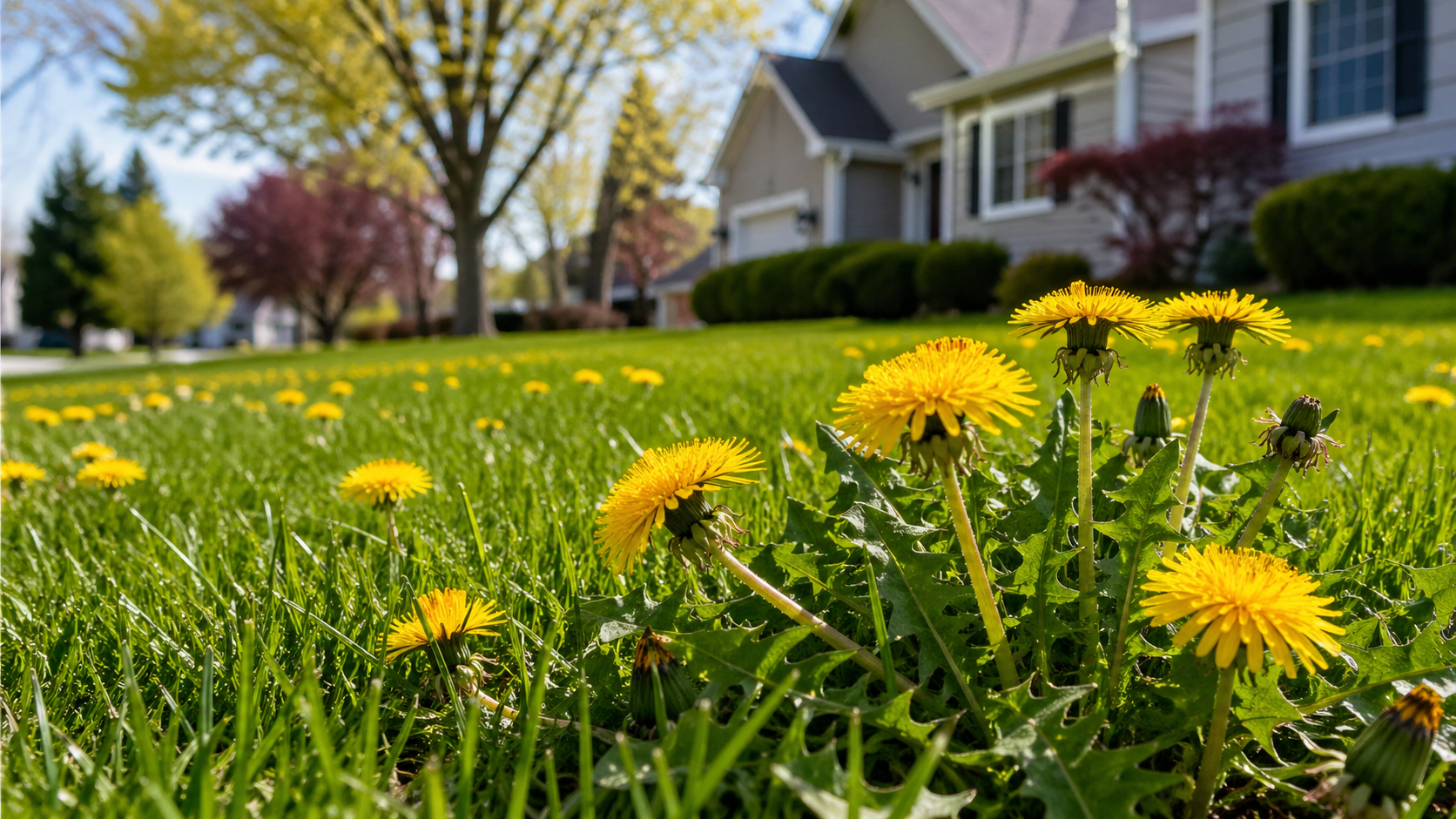 Yellow dandelions in a green lawn beside a suburban house on a sunny day