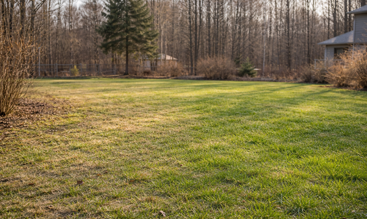 A sunlit residential lawn transitioning from dormant brown to vibrant green grass, backed by a dense treeline.