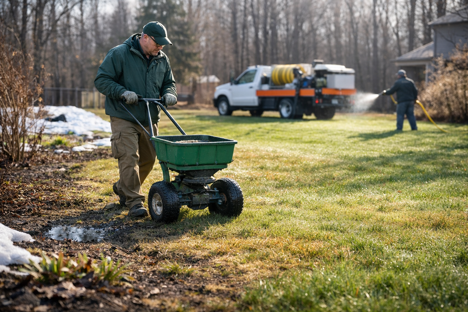 Two people maintain a lawn: one pushes a green fertilizer spreader, and the other sprays liquid near a service truck.