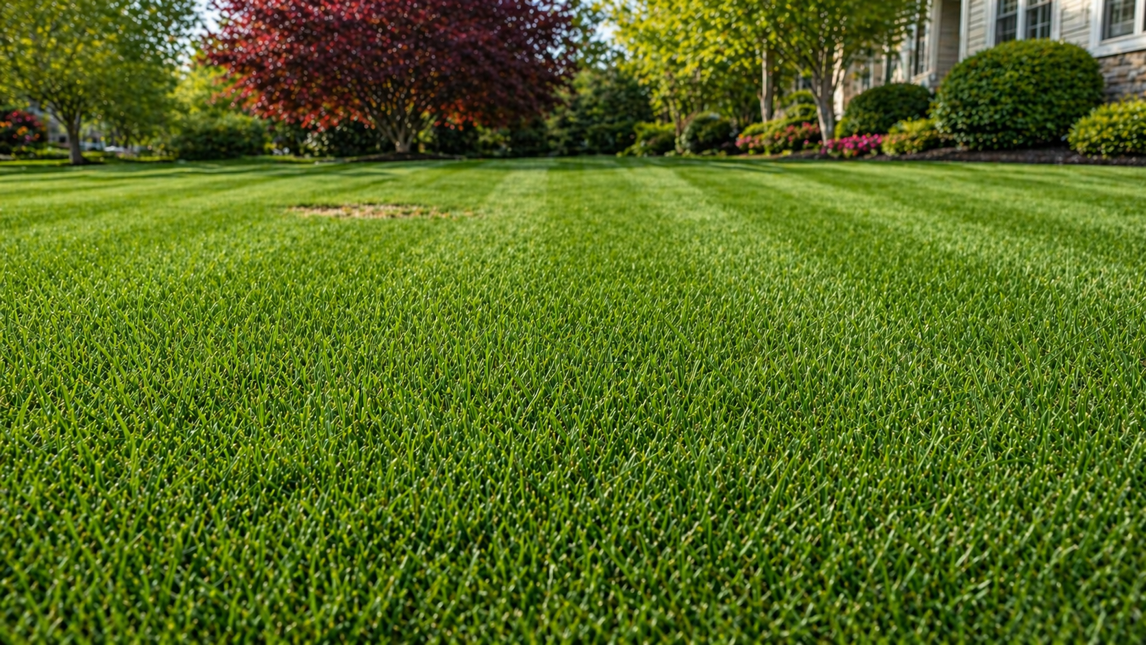 Lush green lawn in a landscaped yard with flowering shrubs and trees near a house