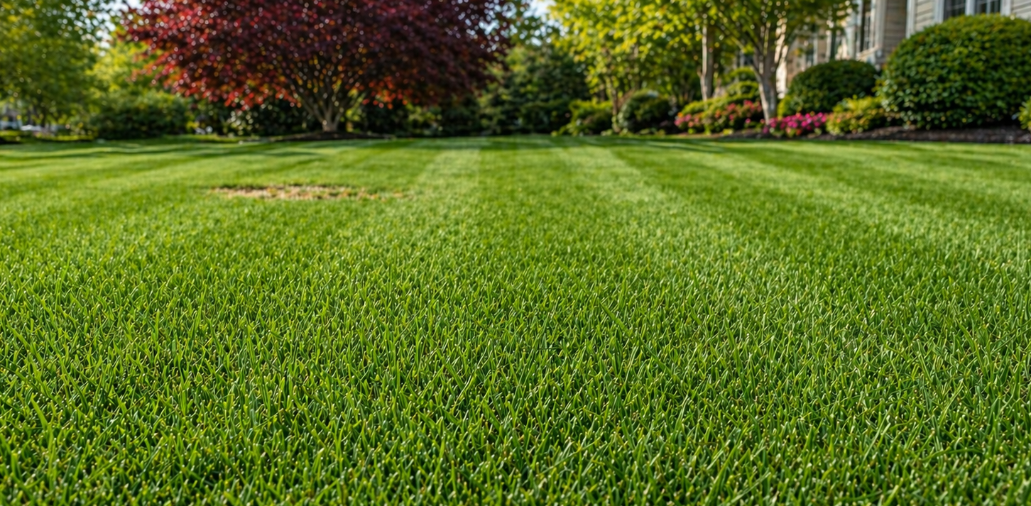 Lush green lawn in a landscaped park with trees and shrubs in the background
