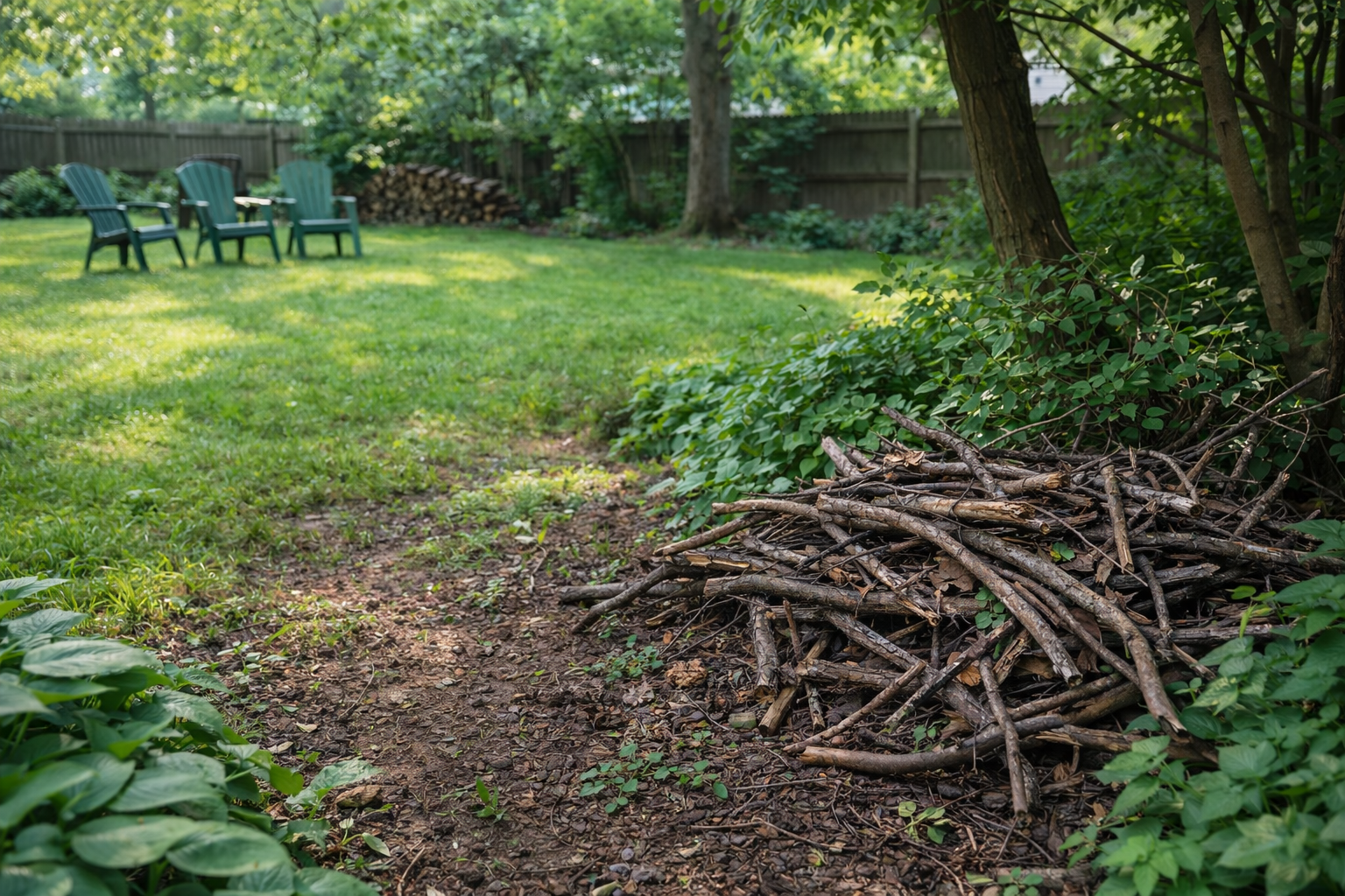 A lush backyard with three green Adirondack chairs on the lawn, a woodpile near a fence, and a pile of sticks in the shade.