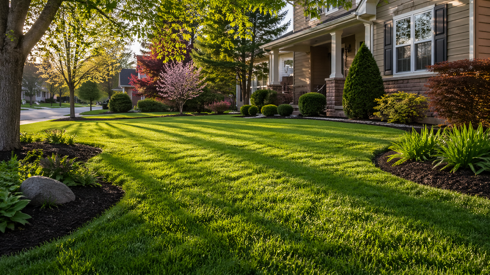 Sunlit suburban front yard with lush green lawn, blooming trees, and a brick house porch along the right side