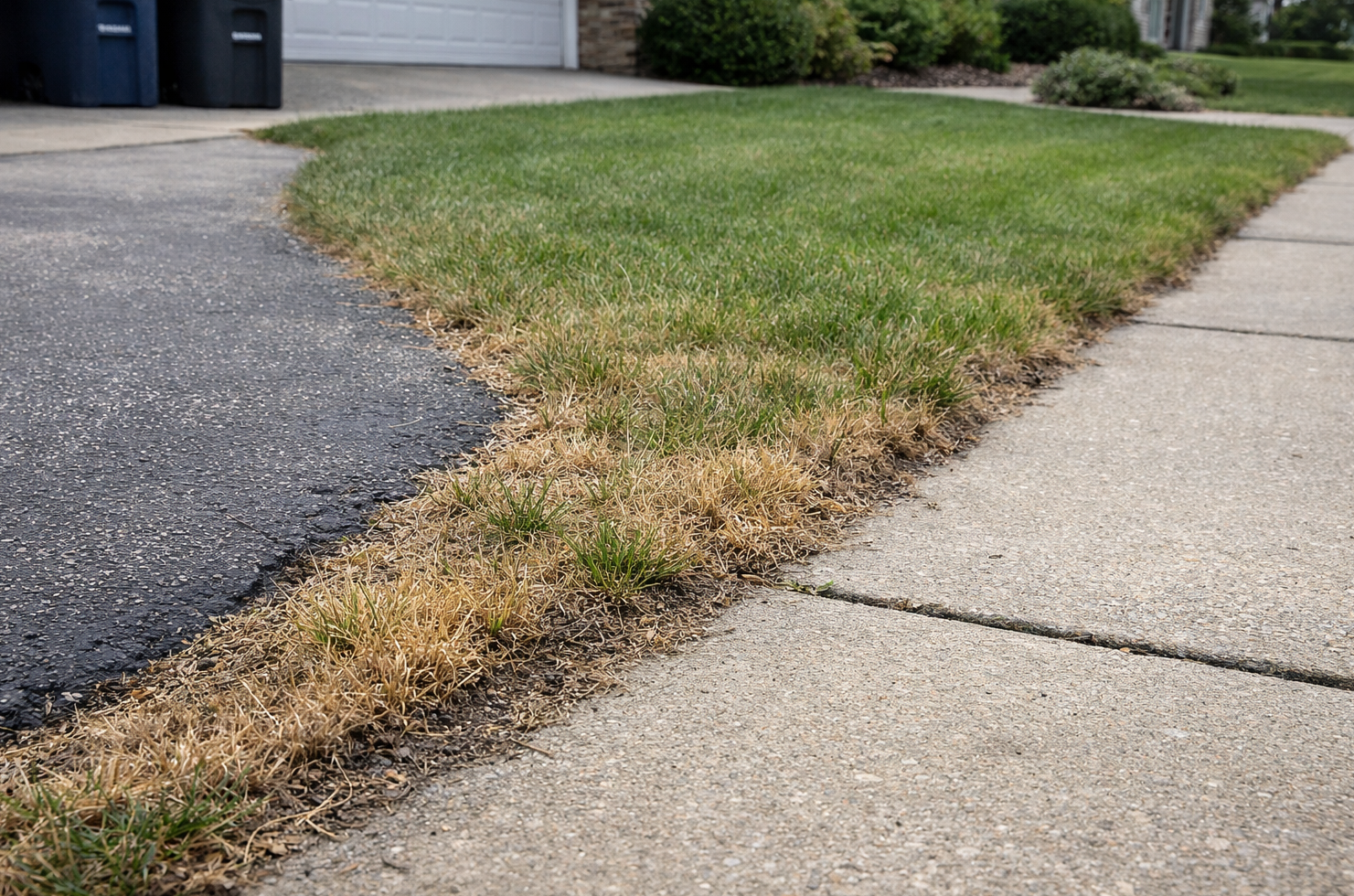 Brown, dry grass along the edge of a concrete sidewalk and asphalt driveway.