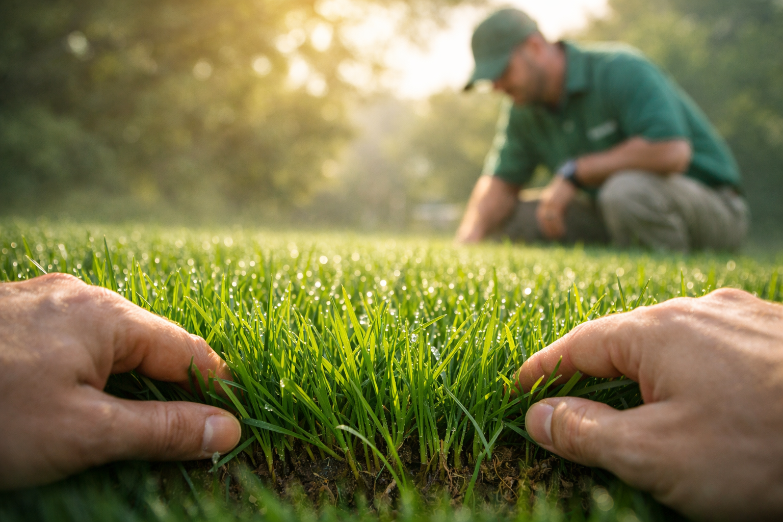 First-person perspective of hands touching lush green grass, with a person crouching in the blurred background.