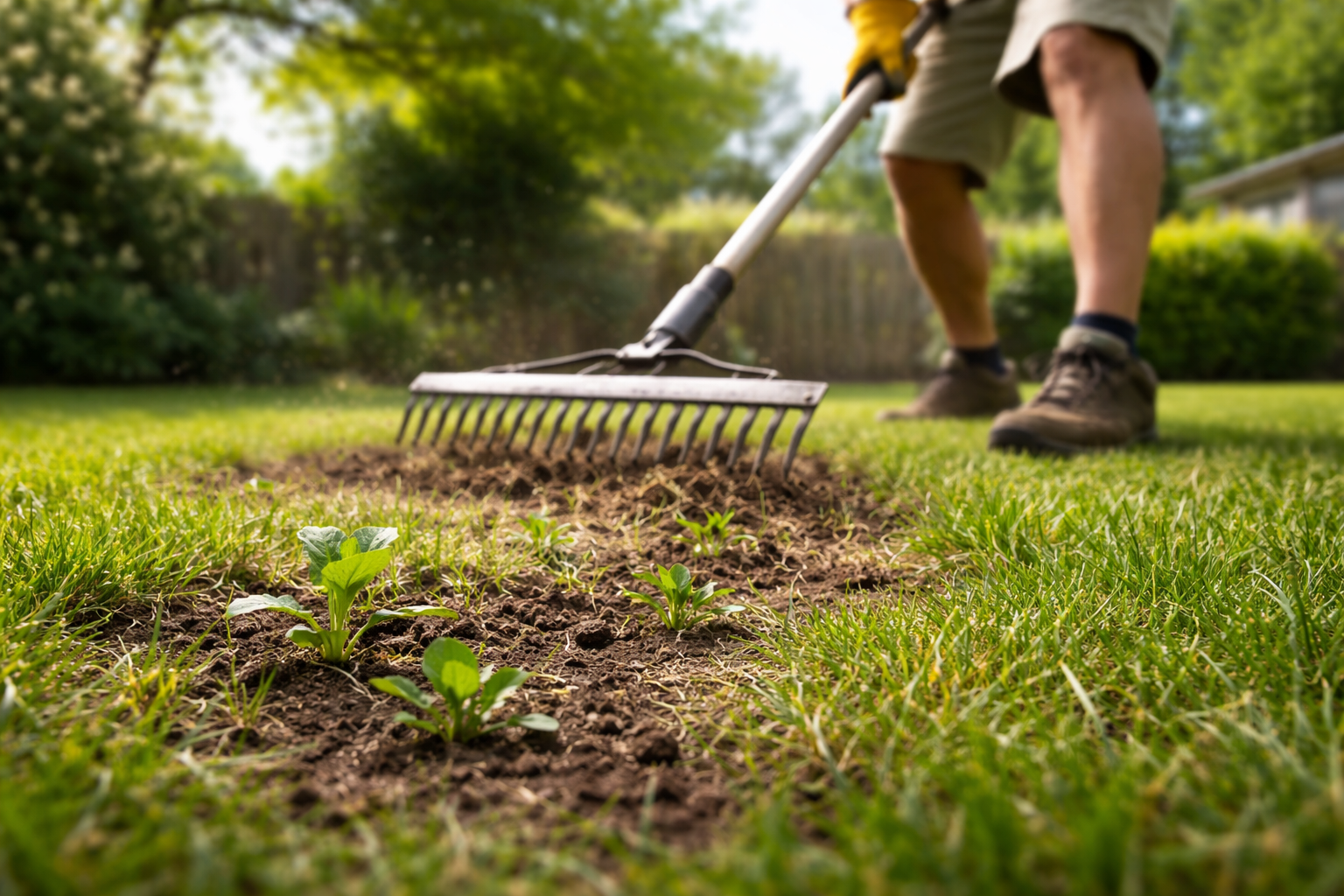 A person in shorts uses a rake to clear a patch of dirt in a grassy lawn.
