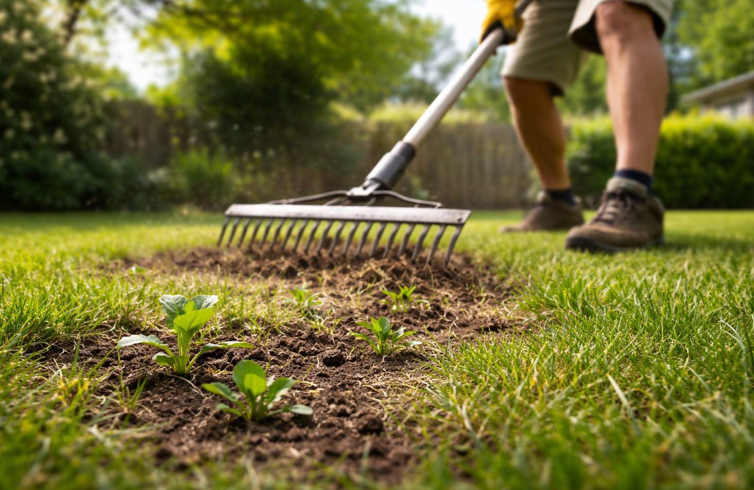 A person in shorts and gloves uses a metal rake to loosen soil in a lawn area with sparse greenery.