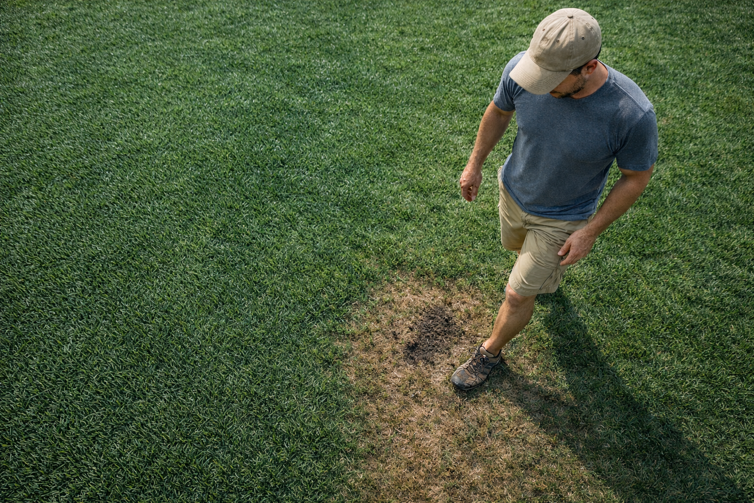 A person in a blue shirt and khaki shorts stands on a lawn next to a patch of dry, brown grass.