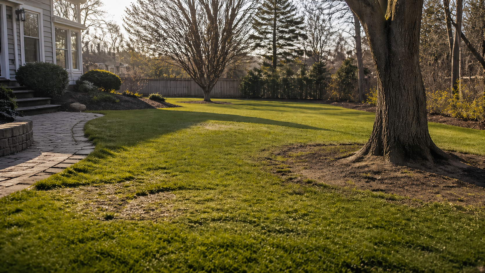Sunlit suburban yard with green lawn, stone steps, leafless trees, and a large tree in the foreground