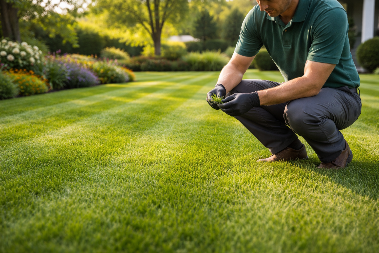 A person wearing dark gloves crouches on a neatly striped, manicured green lawn, examining a small plant in their hands.