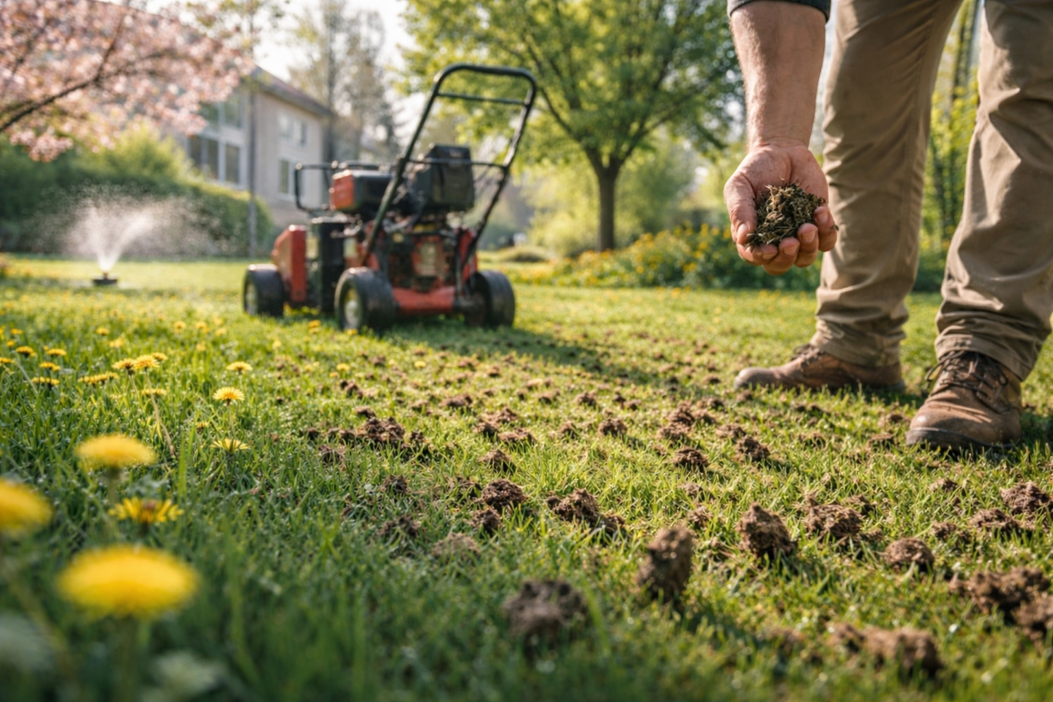 A person holding a soil plug in a lawn recently aerated by a lawn aerator, with a sprinkler in the background.