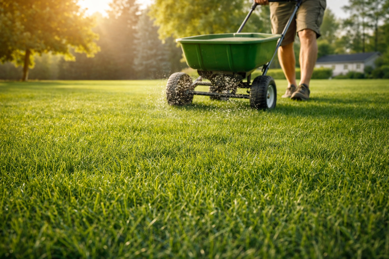 A person uses a green lawn spreader to distribute fertilizer on a sunny, grassy lawn.
