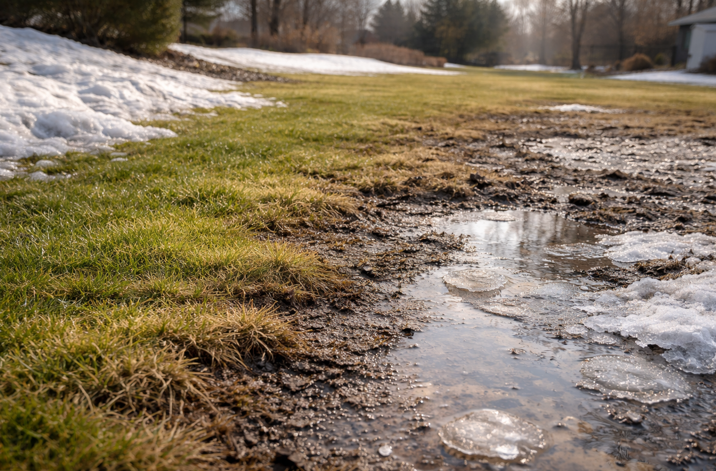 Lawn with melting snow and puddles. Green grass, brown mud, and patches of ice in a residential yard.