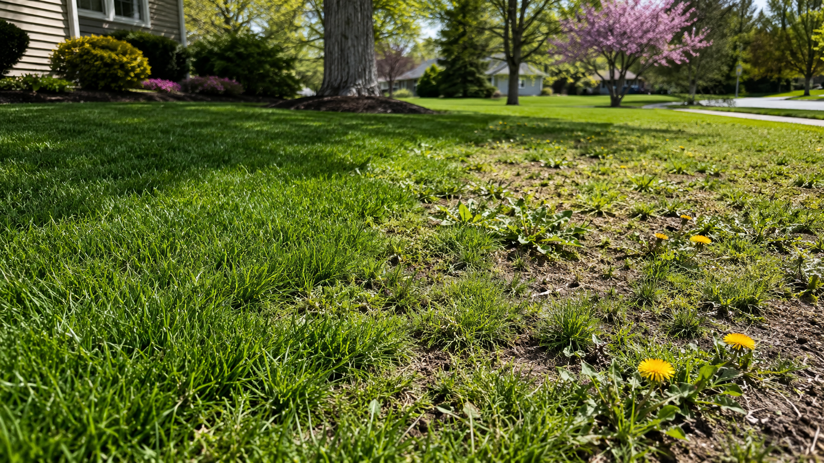Sunlit suburban lawn with green grass, a tree, and blooming pink flowers near a sidewalk