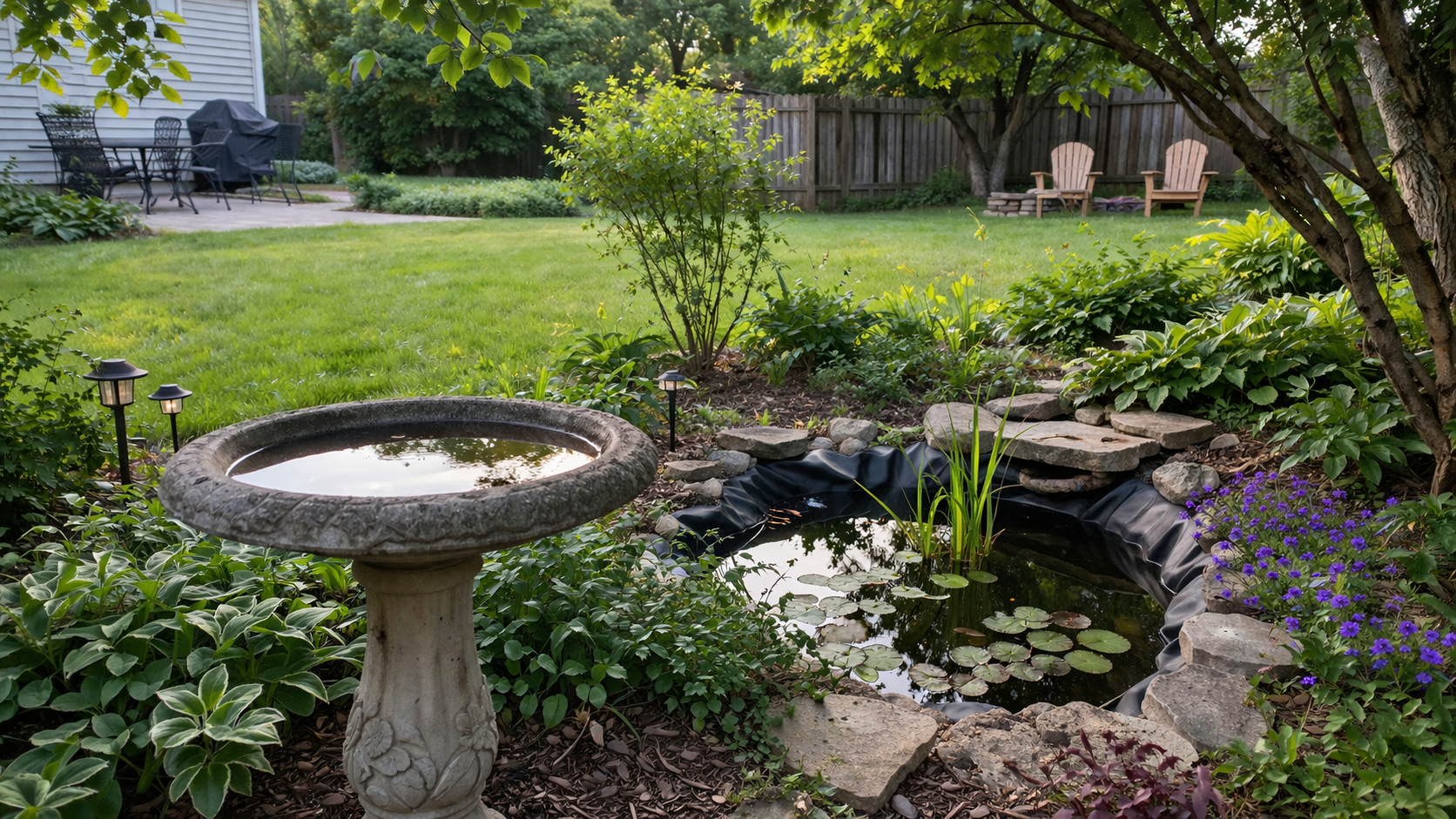 A stone birdbath sits in a garden beside a small, circular pond surrounded by lush plants, with a lawn in the background.
