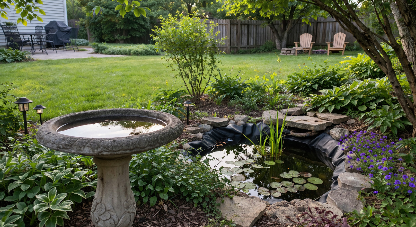A stone birdbath sits in a garden beside a small, circular pond with water lilies, featuring a grassy lawn in the back.