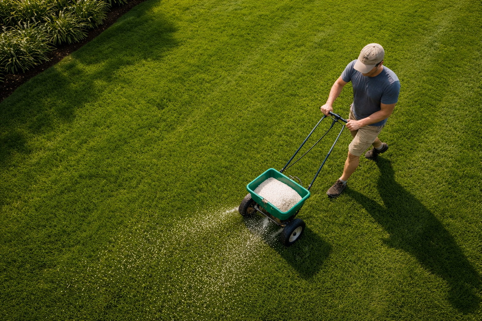 A person walks across a green lawn pushing a green rotary spreader that distributes fertilizer over the grass.