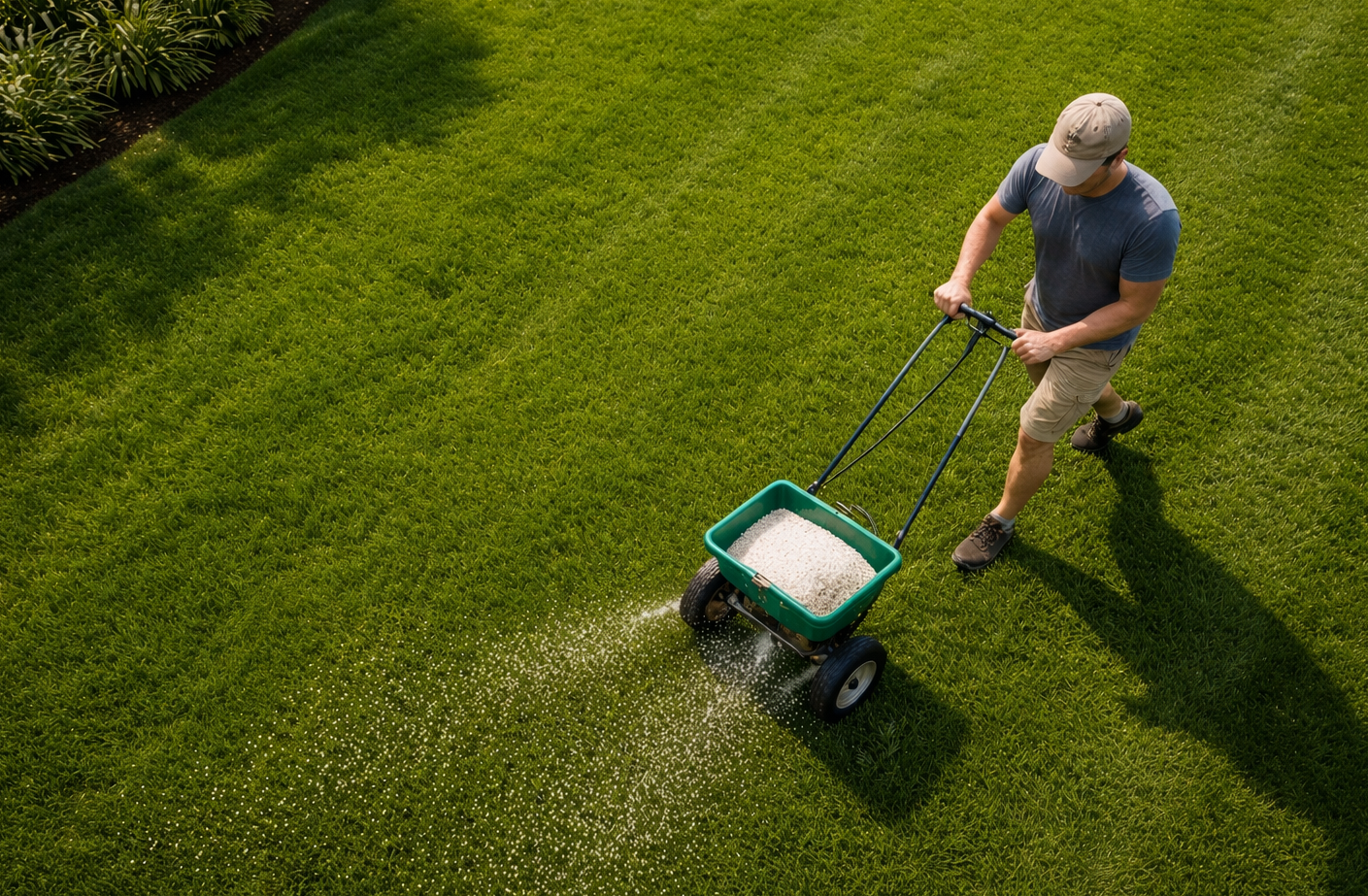 A person walking across a green lawn using a green push spreader to distribute fertilizer.