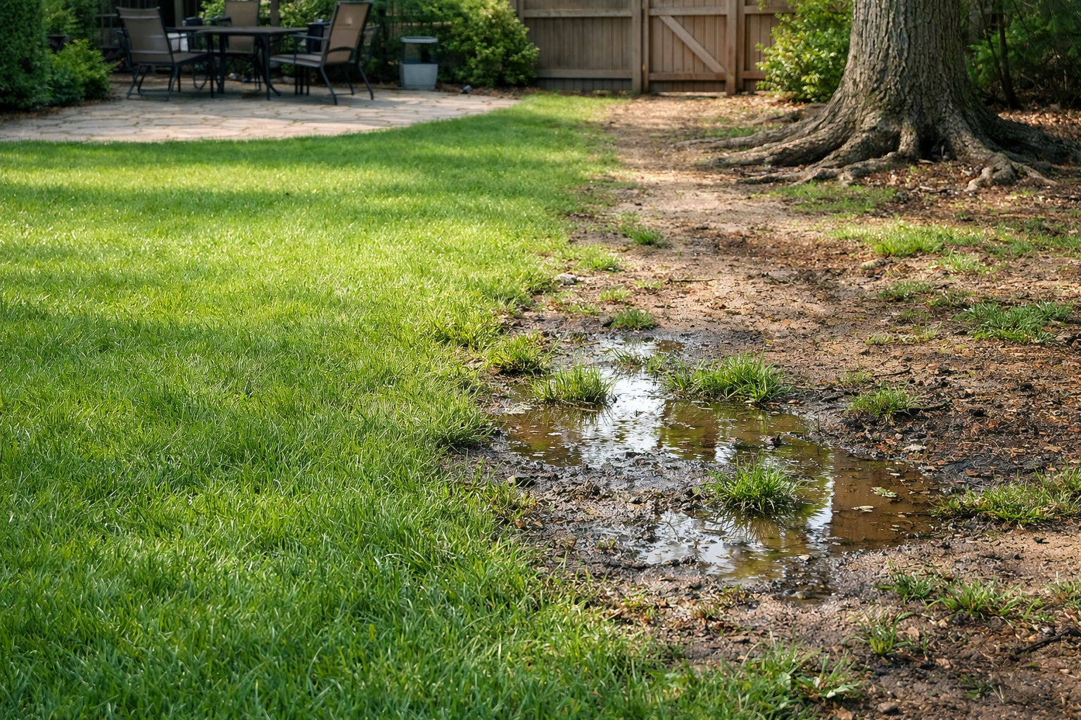 Backyard lawn with a muddy puddle near a tree and patio fence in the background