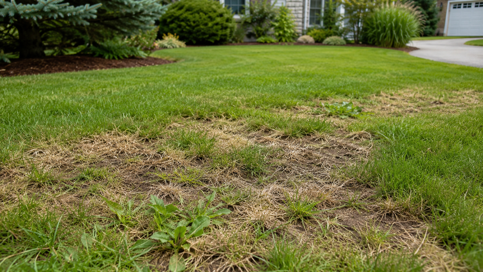 Patchy brown grass in a green suburban lawn near a driveway and shrubs