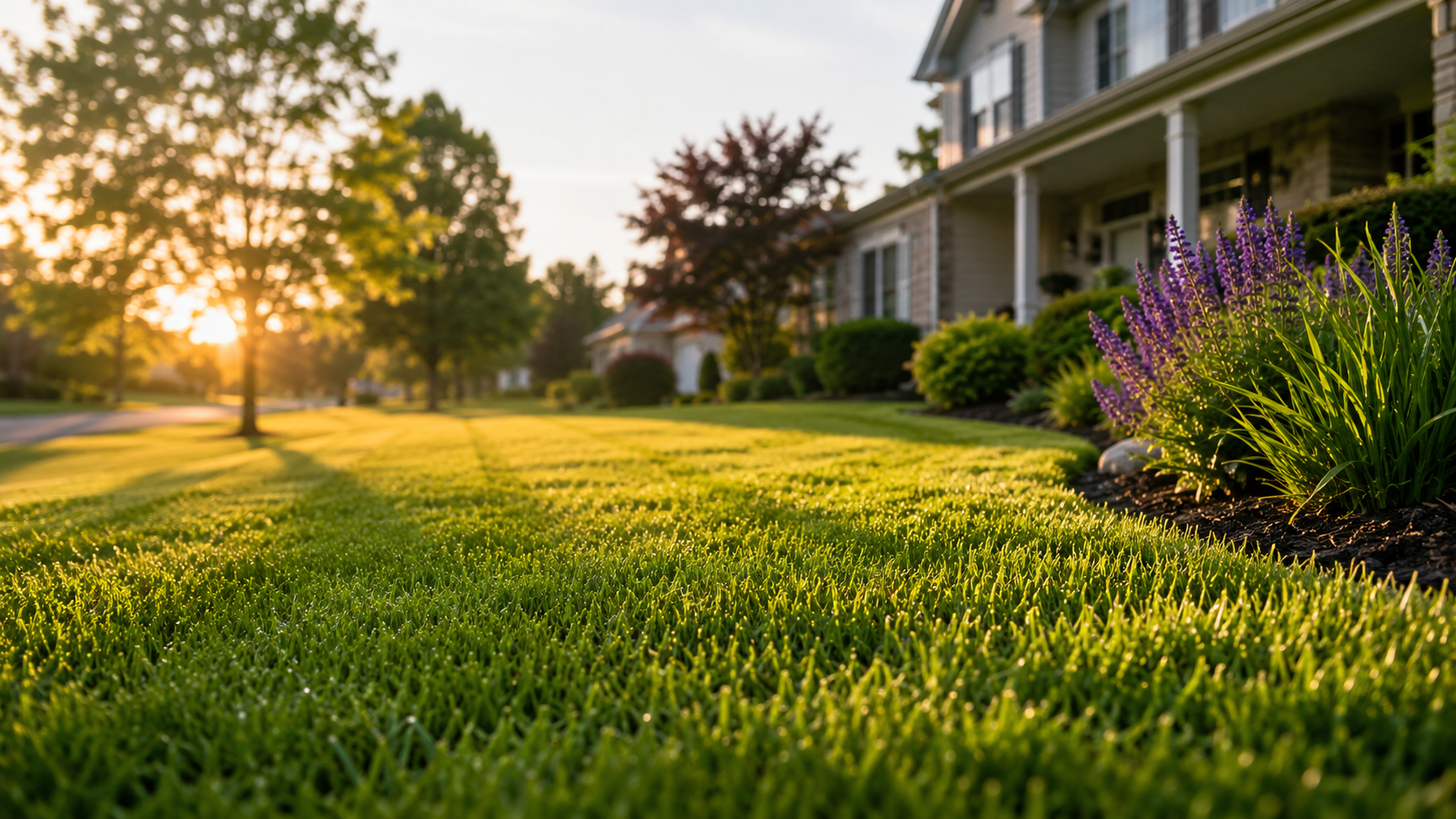 Sunlit suburban house with a lush green lawn, purple flowers, and trees at sunset