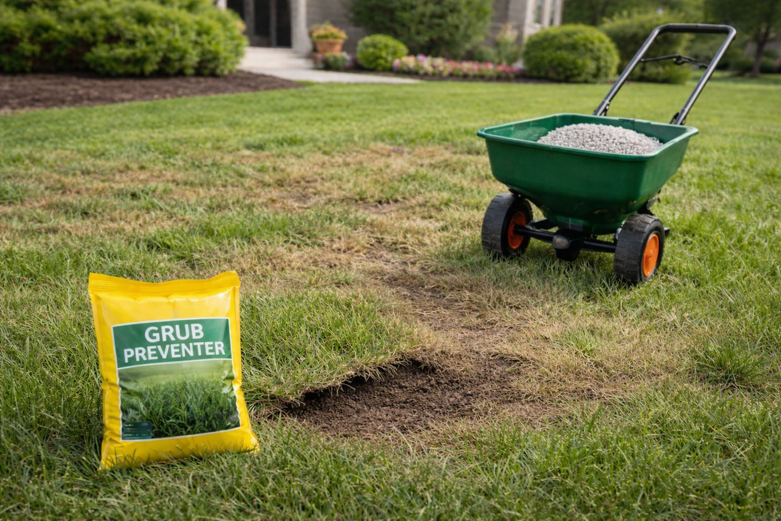 A bag of grub preventer sits on a lawn next to a brown patch of grass and a green lawn spreader filled with pellets.